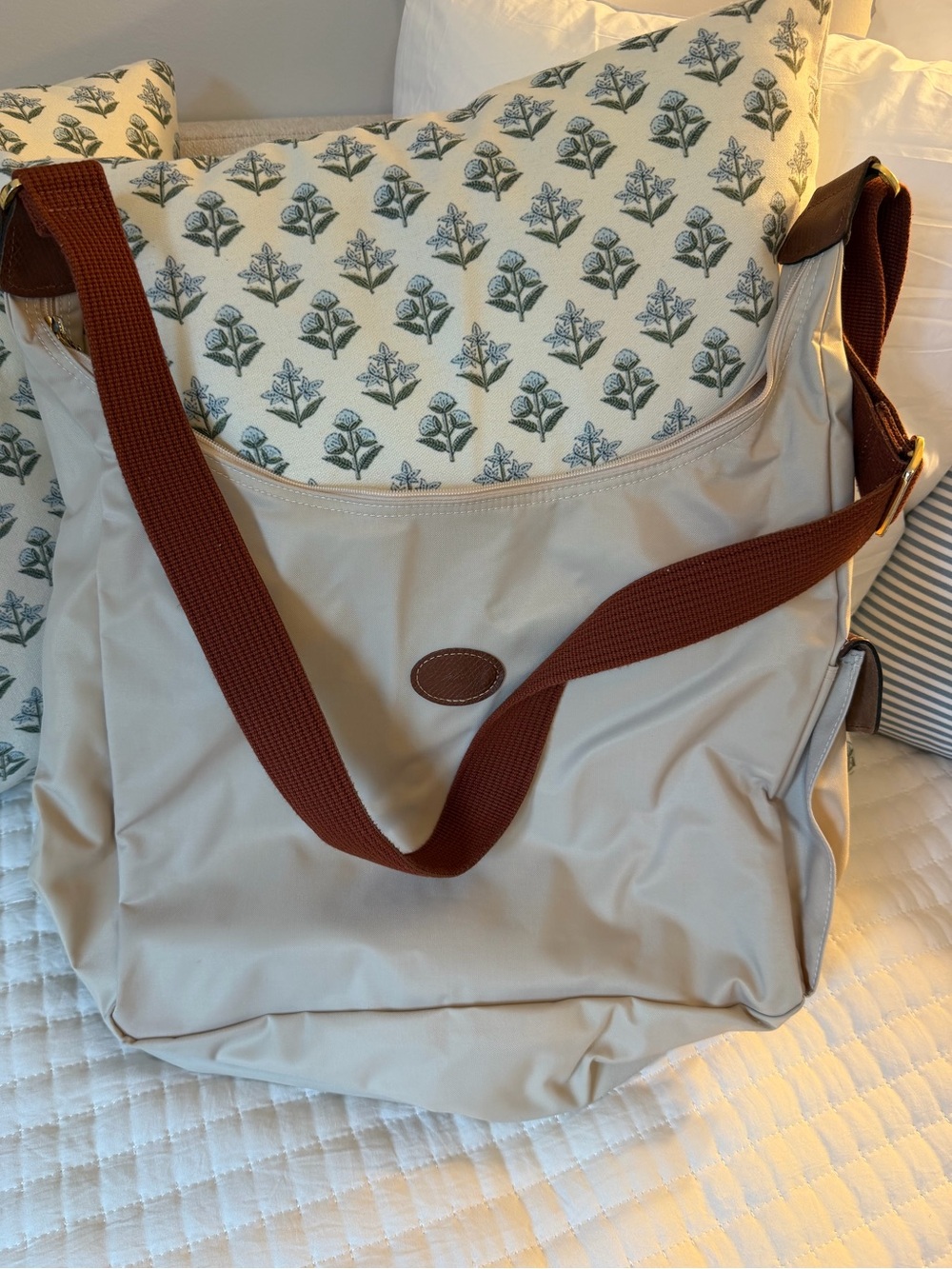 Long champ Classic Canvas Messenger Bag - Cream with Brown Strap